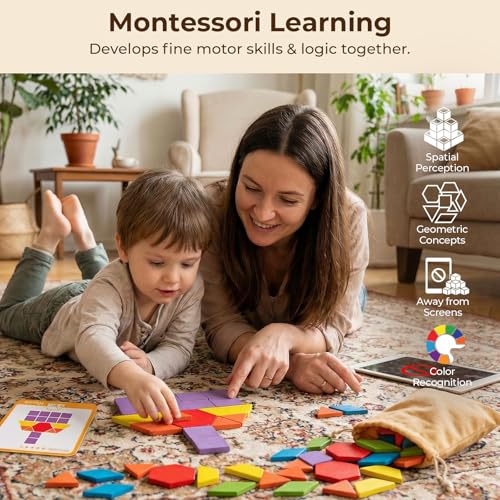 LovesTown 209 Pcs Wooden Pattern Blocks for Kids with 24 Double-Sided Cards & Bag