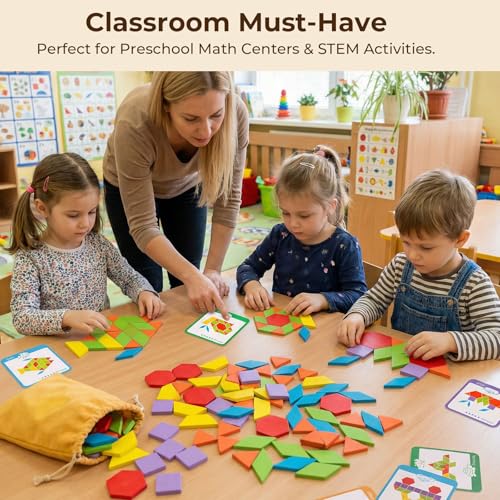 LovesTown 209 Pcs Wooden Pattern Blocks for Kids with 24 Double-Sided Cards & Bag
