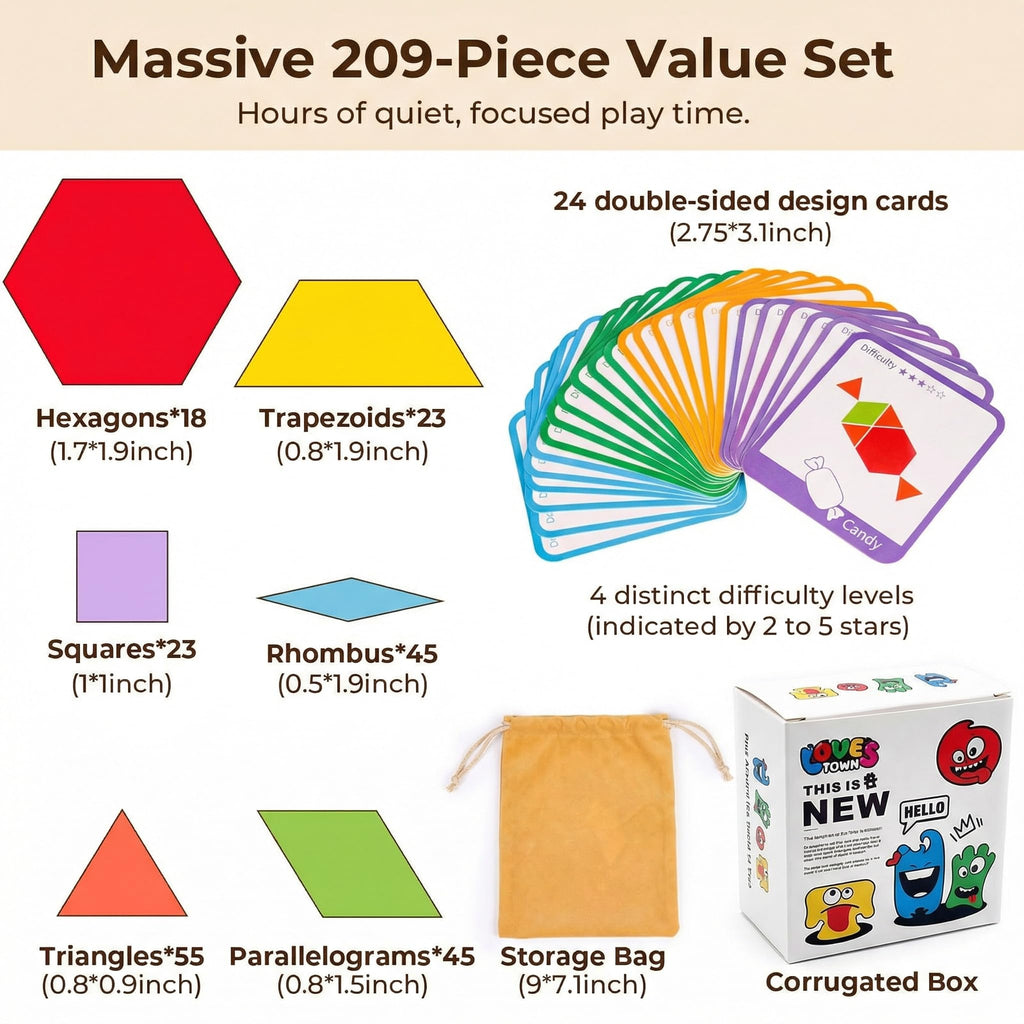 LovesTown 209 Pcs Wooden Pattern Blocks for Kids with 24 Double-Sided Cards & Bag