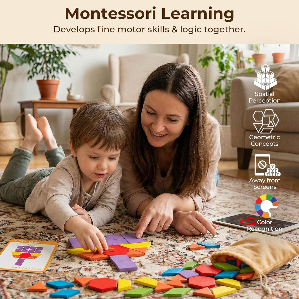 LovesTown 209 Pcs Wooden Pattern Blocks for Kids with 24 Double-Sided Cards & Bag