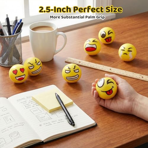 LovesTown 24-Pack Funny Face Stress Balls – 2.5 Inch Yellow Foam Squeeze Toys for Kids & Adults, Bulk Party Favors, Classroom Prizes