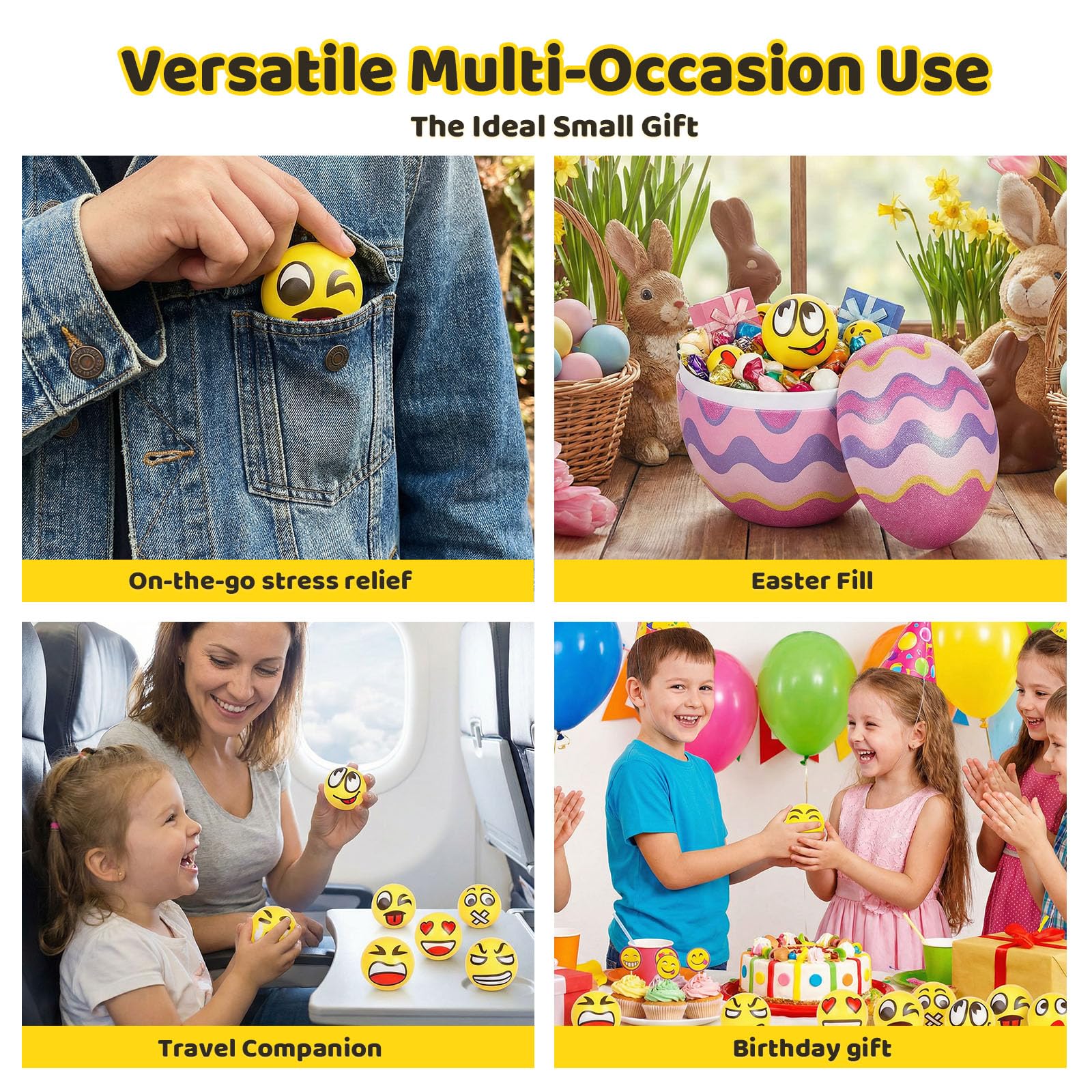 LovesTown 24-Pack Funny Face Stress Balls – 2.5 Inch Yellow Foam Squeeze Toys for Kids & Adults, Bulk Party Favors, Classroom Prizes
