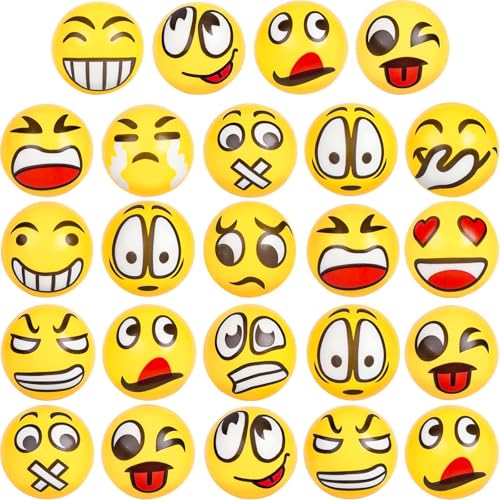 LovesTown 24-Pack Funny Face Stress Balls – 2.5 Inch Yellow Foam Squeeze Toys for Kids & Adults, Bulk Party Favors, Classroom Prizes