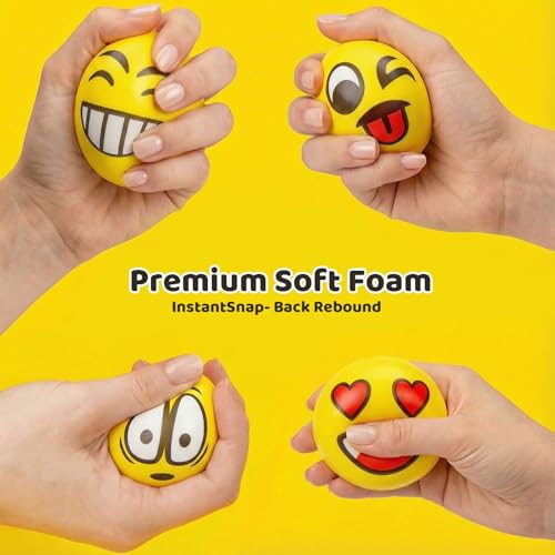 LovesTown 24-Pack Funny Face Stress Balls – 2.5 Inch Yellow Foam Squeeze Toys for Kids & Adults, Bulk Party Favors, Classroom Prizes