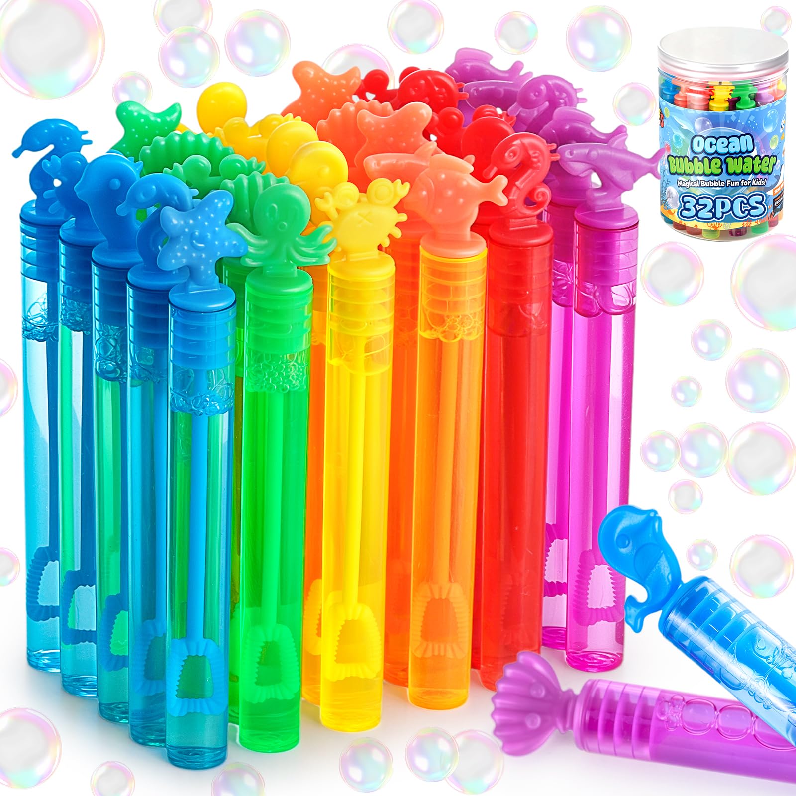 LovesTown 32-Pack Ocean Animal Bubbles Party Favors - Mini Bubble Wands for Kids, Under the Sea Theme, Classroom Prizes & Goodie Bag Stuffers