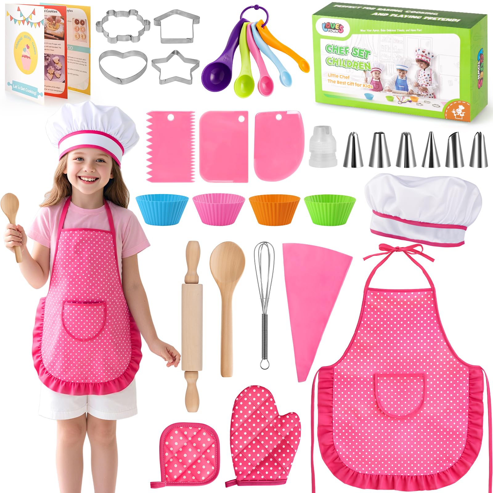 LovesTown 32-Piece Kids Baking Set with Pink Apron & Chef Hat – Pretend Play Kitchen Toys for Girls