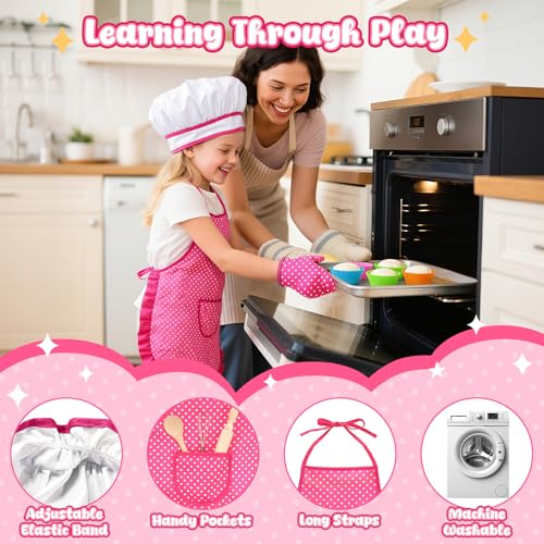 LovesTown 32-Piece Kids Baking Set with Pink Apron & Chef Hat – Pretend Play Kitchen Toys for Girls