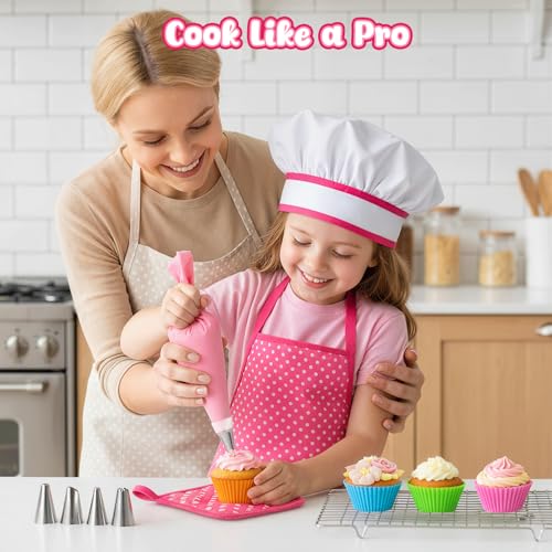 LovesTown 32-Piece Kids Baking Set with Pink Apron & Chef Hat – Pretend Play Kitchen Toys for Girls