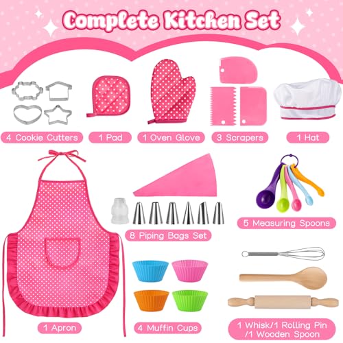 LovesTown 32-Piece Kids Baking Set with Pink Apron & Chef Hat – Pretend Play Kitchen Toys for Girls