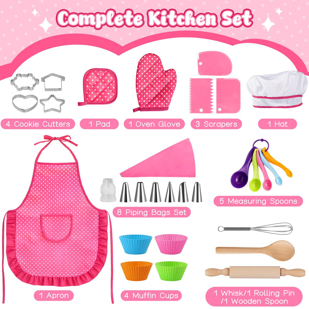 LovesTown 32-Piece Kids Baking Set with Pink Apron & Chef Hat – Pretend Play Kitchen Toys for Girls