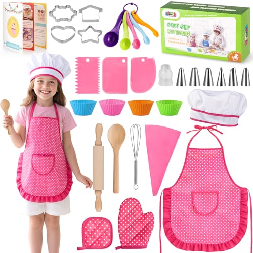 LovesTown 32-Piece Kids Baking Set with Pink Apron & Chef Hat – Pretend Play Kitchen Toys for Girls