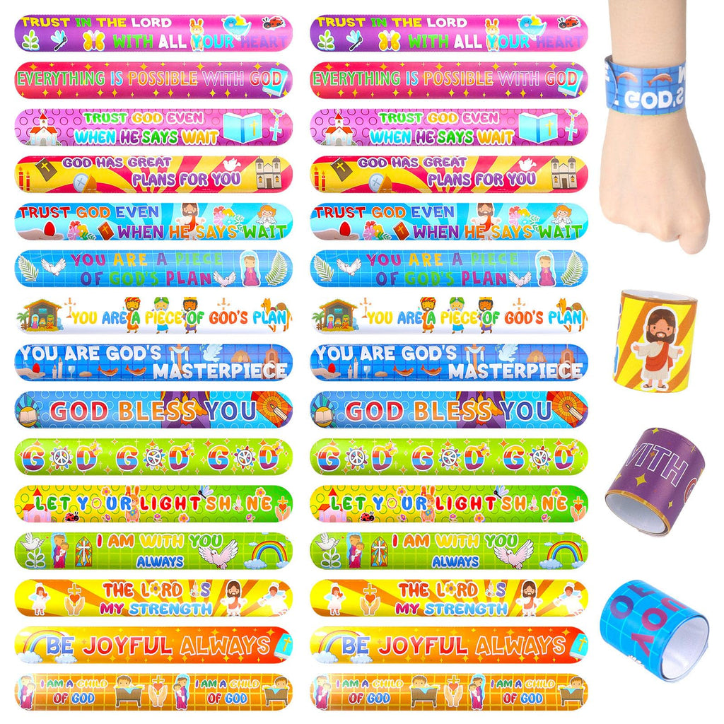 LovesTown 48 Christian Snap Bracelets Bulk Set for Kids - Bible Verse Slap Wristbands for Sunday School Prizes
