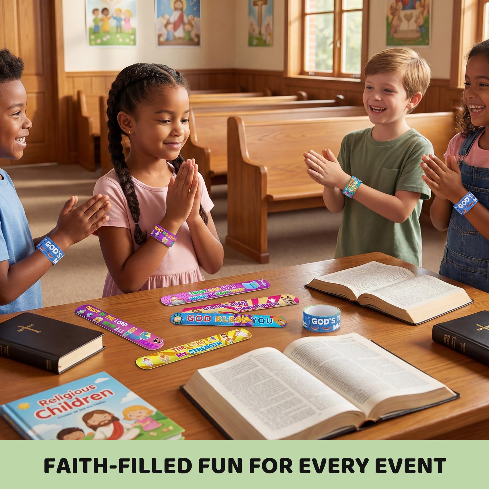 LovesTown 48 Christian Snap Bracelets Bulk Set for Kids - Bible Verse Slap Wristbands for Sunday School Prizes