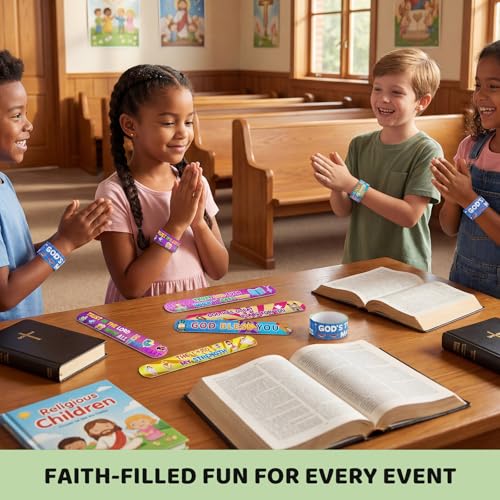 LovesTown 48 Christian Snap Bracelets Bulk Set for Kids - Bible Verse Slap Wristbands for Sunday School Prizes