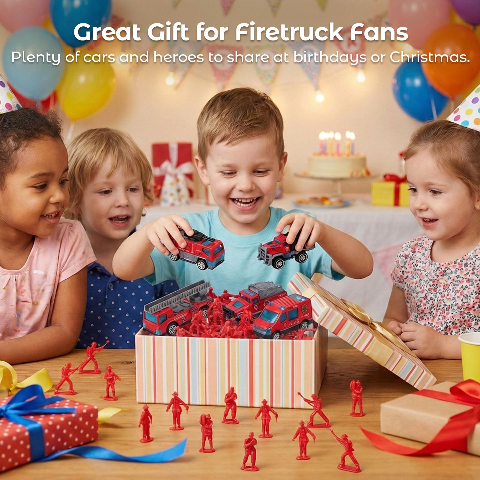 LovesTown 50-Piece Fire Truck Playset with 6 Die-Cast Metal Trucks and 44 Firefighter Figures, Red Rescue Vehicles Toy for Kids Ages 3+