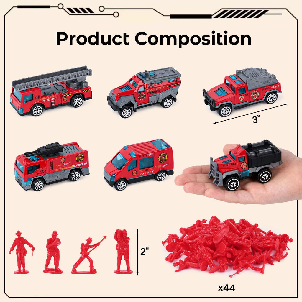LovesTown 50-Piece Fire Truck Playset with 6 Die-Cast Metal Trucks and 44 Firefighter Figures, Red Rescue Vehicles Toy for Kids Ages 3+