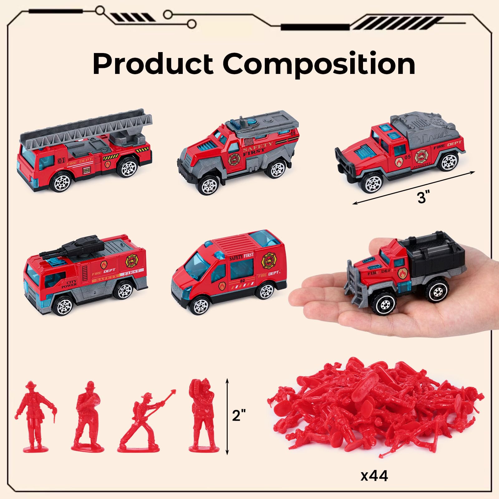 LovesTown 50-Piece Fire Truck Playset with 6 Die-Cast Metal Trucks and 44 Firefighter Figures, Red Rescue Vehicles Toy for Kids Ages 3+