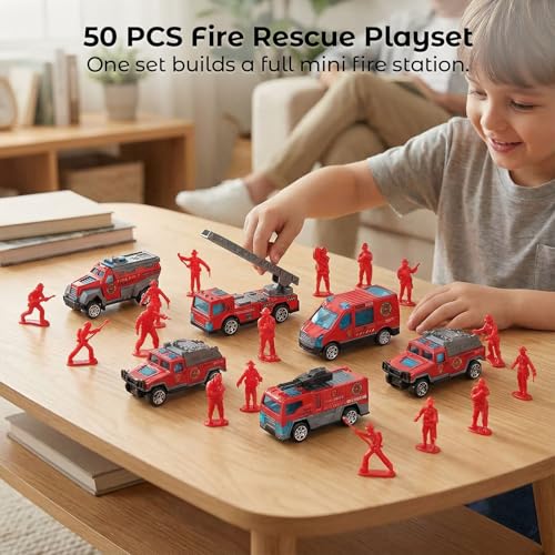 LovesTown 50-Piece Fire Truck Playset with 6 Die-Cast Metal Trucks and 44 Firefighter Figures, Red Rescue Vehicles Toy for Kids Ages 3+