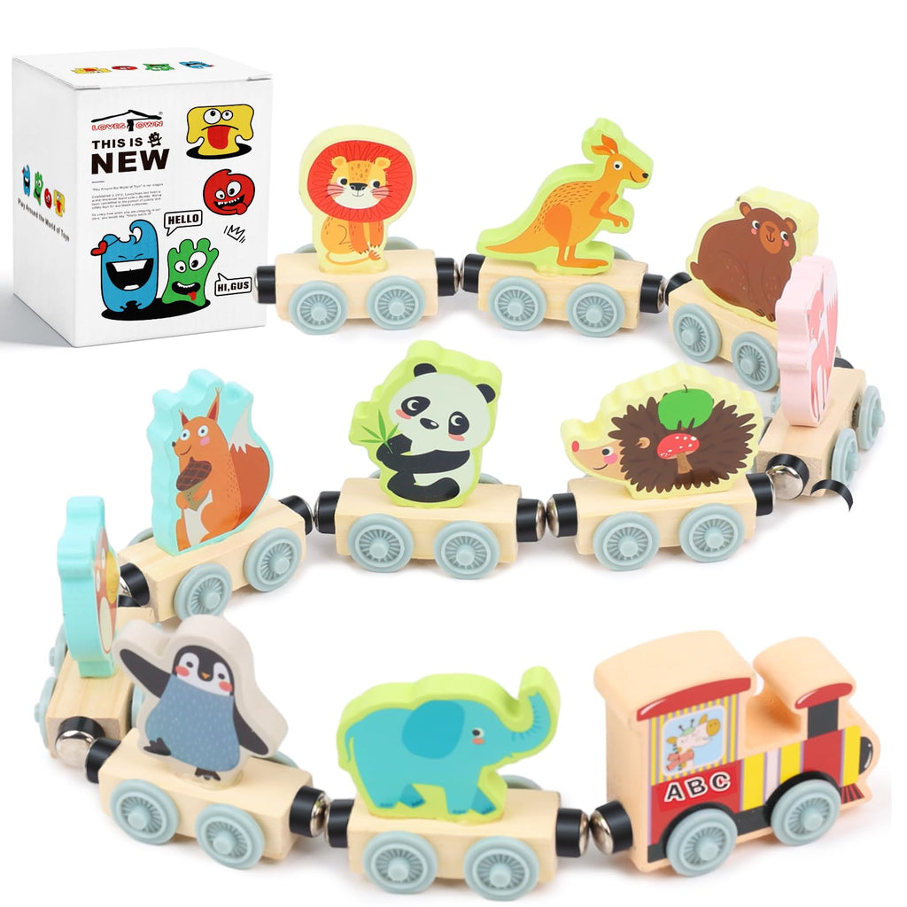 LovesTown Wooden Magnetic Train Set - 11-Piece Montessori Toy with Animal Cars for Toddlers