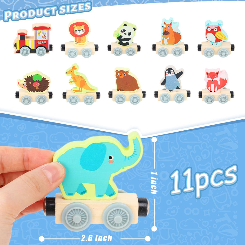LovesTown Wooden Magnetic Train Set - 11-Piece Montessori Toy with Animal Cars for Toddlers