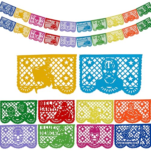 Lucha Libre Party Decorations – Plastic Papel Picado Banners (2 Pack, 10 Flags Each) by TexMex Fun Stuff
