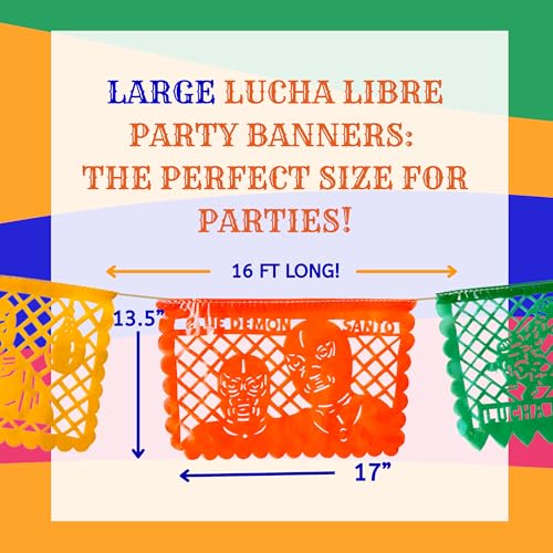 Lucha Libre Plastic Papel Picado Banner (16 ft) – 10 Oversized Flags for Mexican Wrestling Parties
