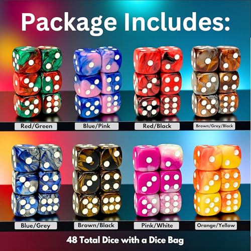 Luck Lab 48 Pack 16mm Marble Swirl D6 Dice – Round Corner Board Game Dice with Velvet Bag