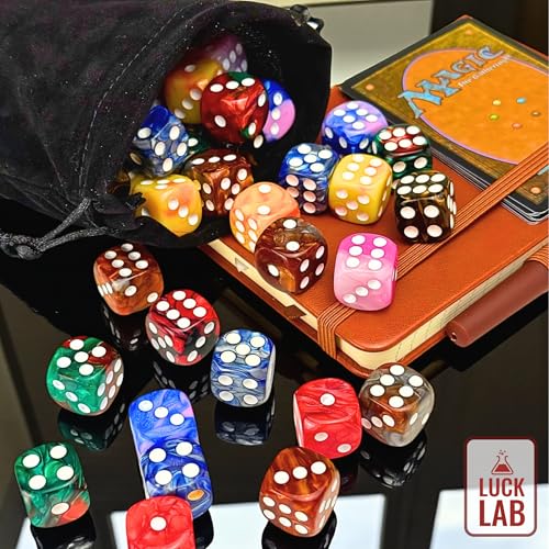 Luck Lab 48 Pack 16mm Marble Swirl D6 Dice – Round Corner Board Game Dice with Velvet Bag