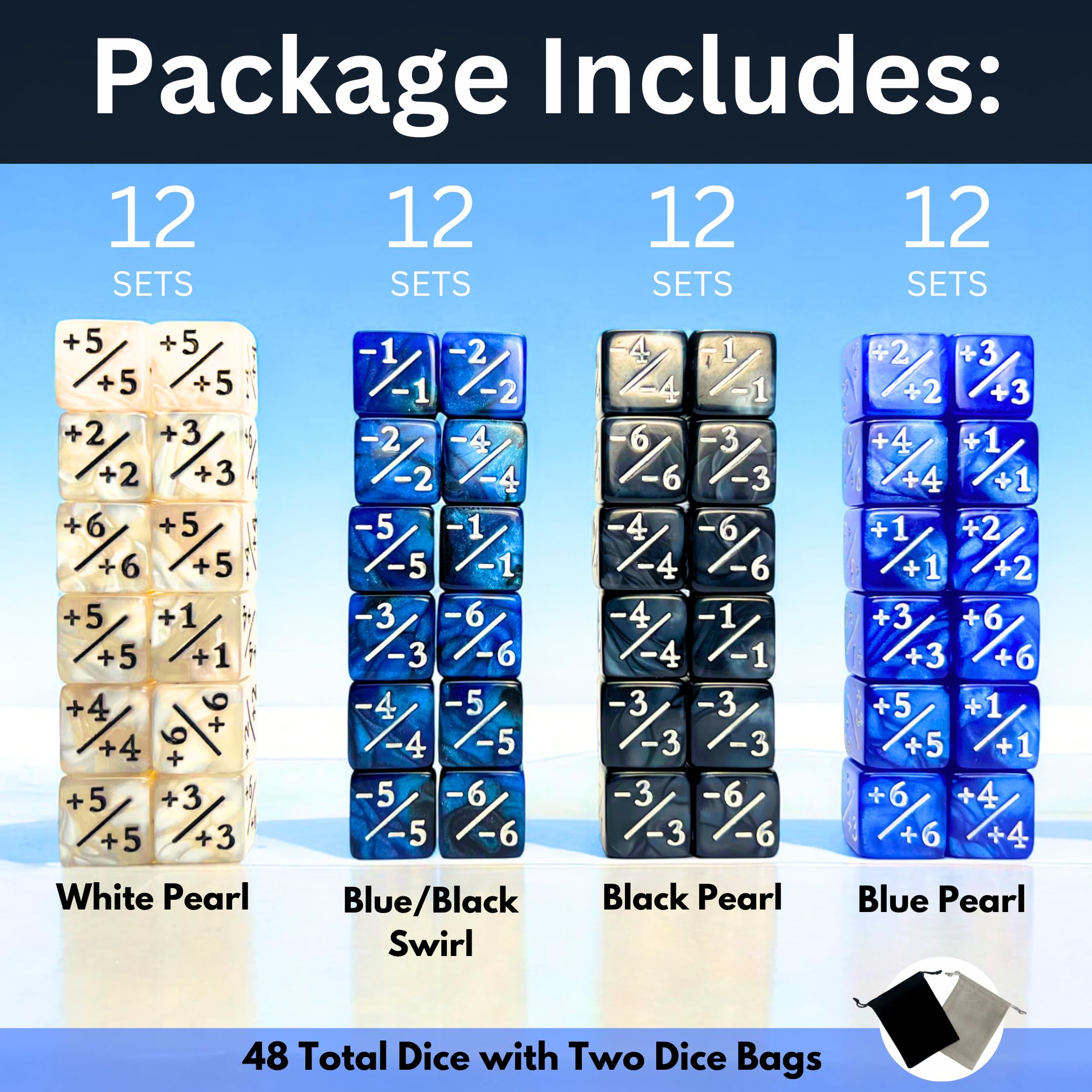 Luck Lab 48-Piece MTG Life Counter Dice Set - Pearl Spindown Counters for Magic: The Gathering with Two Bags