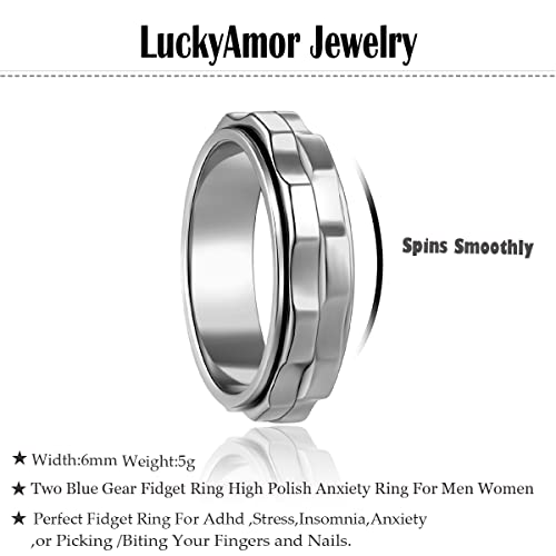 LuckyAmor Stainless Steel Spinning Fidget Ring for Anxiety - Double Gear Design, Sizes 6-10