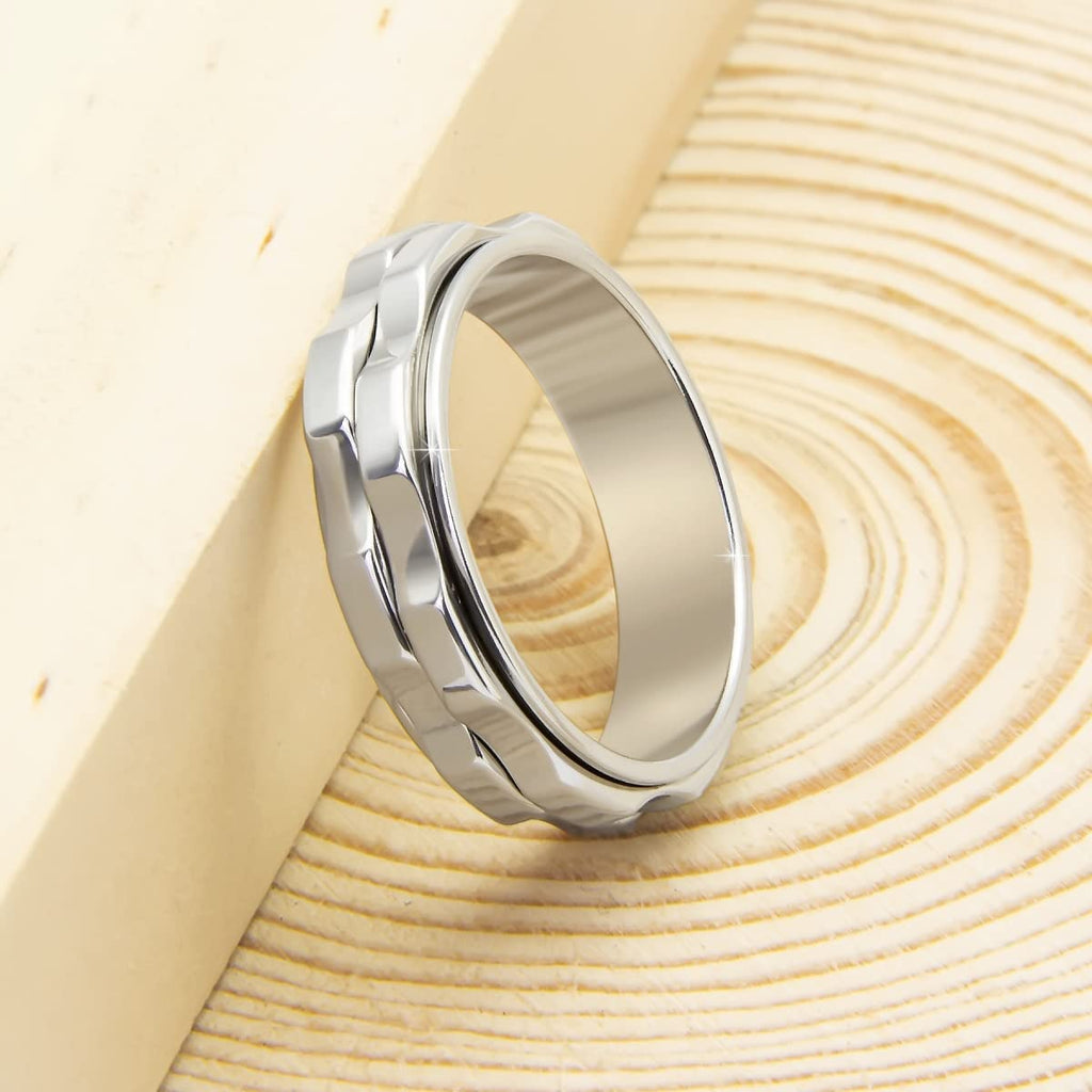 LuckyAmor Stainless Steel Spinning Fidget Ring for Anxiety - Double Gear Design, Sizes 6-10