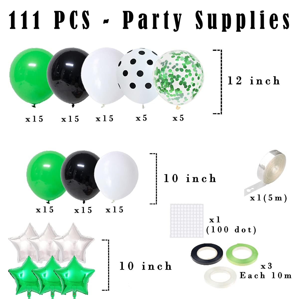 LUDEOU 106-Piece Green Black White Balloon Garland Arch Kit for Soccer Football Birthday Parties