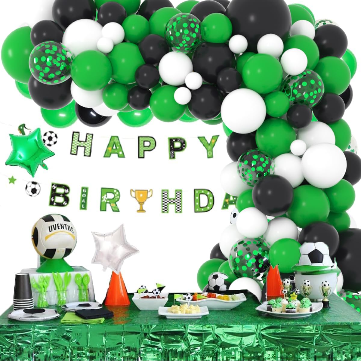 LUDEOU 106-Piece Green Black White Balloon Garland Arch Kit for Soccer Football Birthday Parties