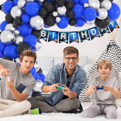LUDEOU Blue Black Silver Balloon Garland Arch Kit – 118 Pieces for Gaming, Space, and Birthday Parties