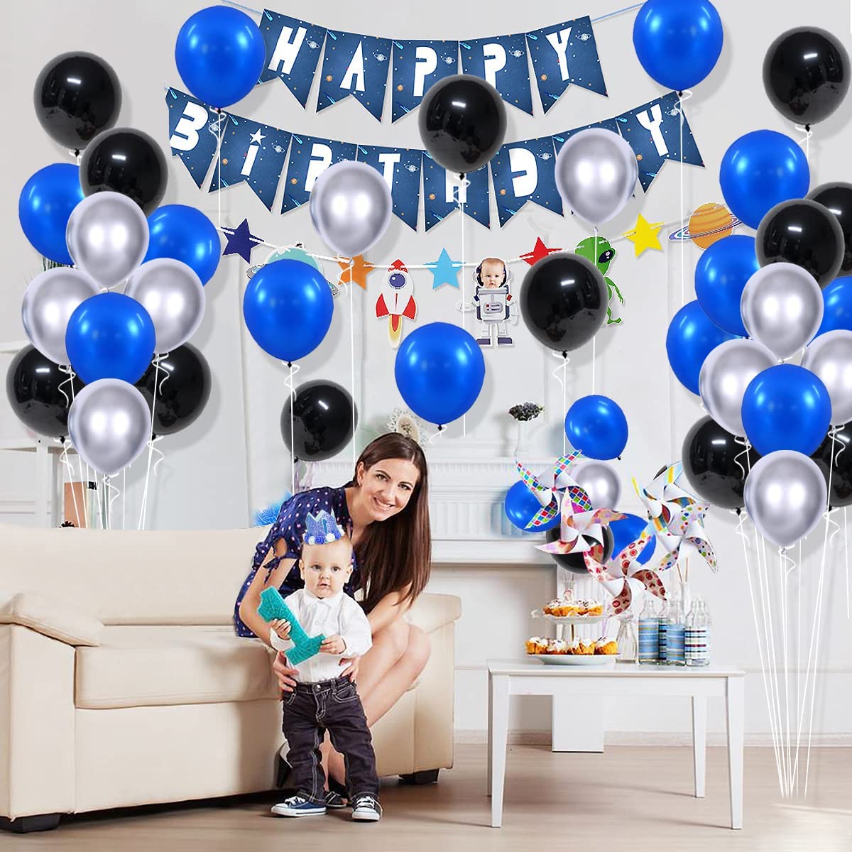 LUDEOU Blue Black Silver Balloon Garland Arch Kit – 118 Pieces for Gaming, Space, and Birthday Parties
