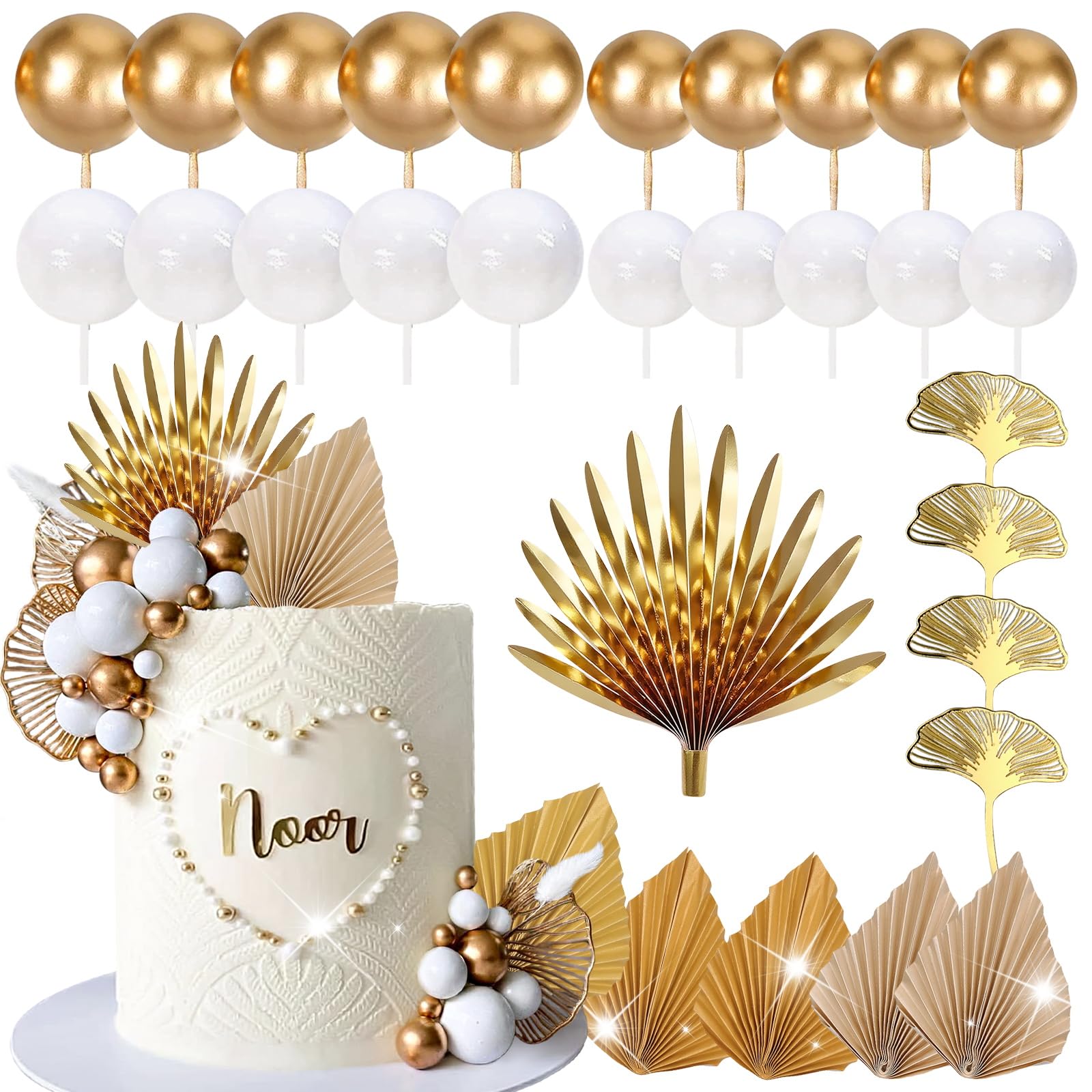 Lukinuo Champagne Rose Gold Boho Cake Topper – White Gold Balls, Palm Leaves, Plastic Holders for Birthday Baby Shower Wedding