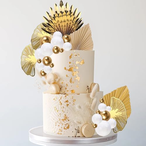 Lukinuo Champagne Rose Gold Boho Cake Topper – White Gold Balls, Palm Leaves, Plastic Holders for Birthday Baby Shower Wedding