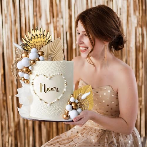 Lukinuo Champagne Rose Gold Boho Cake Topper – White Gold Balls, Palm Leaves, Plastic Holders for Birthday Baby Shower Wedding