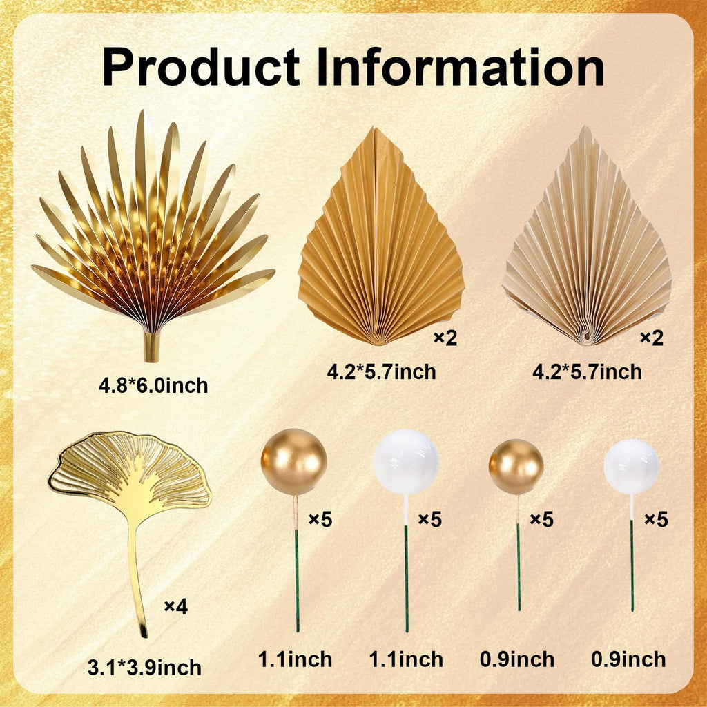 Lukinuo Champagne Rose Gold Boho Cake Topper – White Gold Balls, Palm Leaves, Plastic Holders for Birthday Baby Shower Wedding