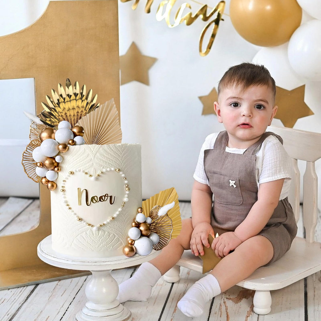 Lukinuo Champagne Rose Gold Boho Cake Topper – White Gold Balls, Palm Leaves, Plastic Holders for Birthday Baby Shower Wedding