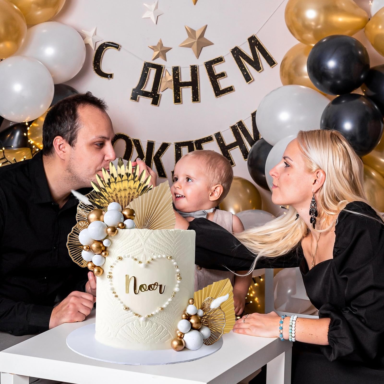 Lukinuo Champagne Rose Gold Boho Cake Topper – White Gold Balls, Palm Leaves, Plastic Holders for Birthday Baby Shower Wedding