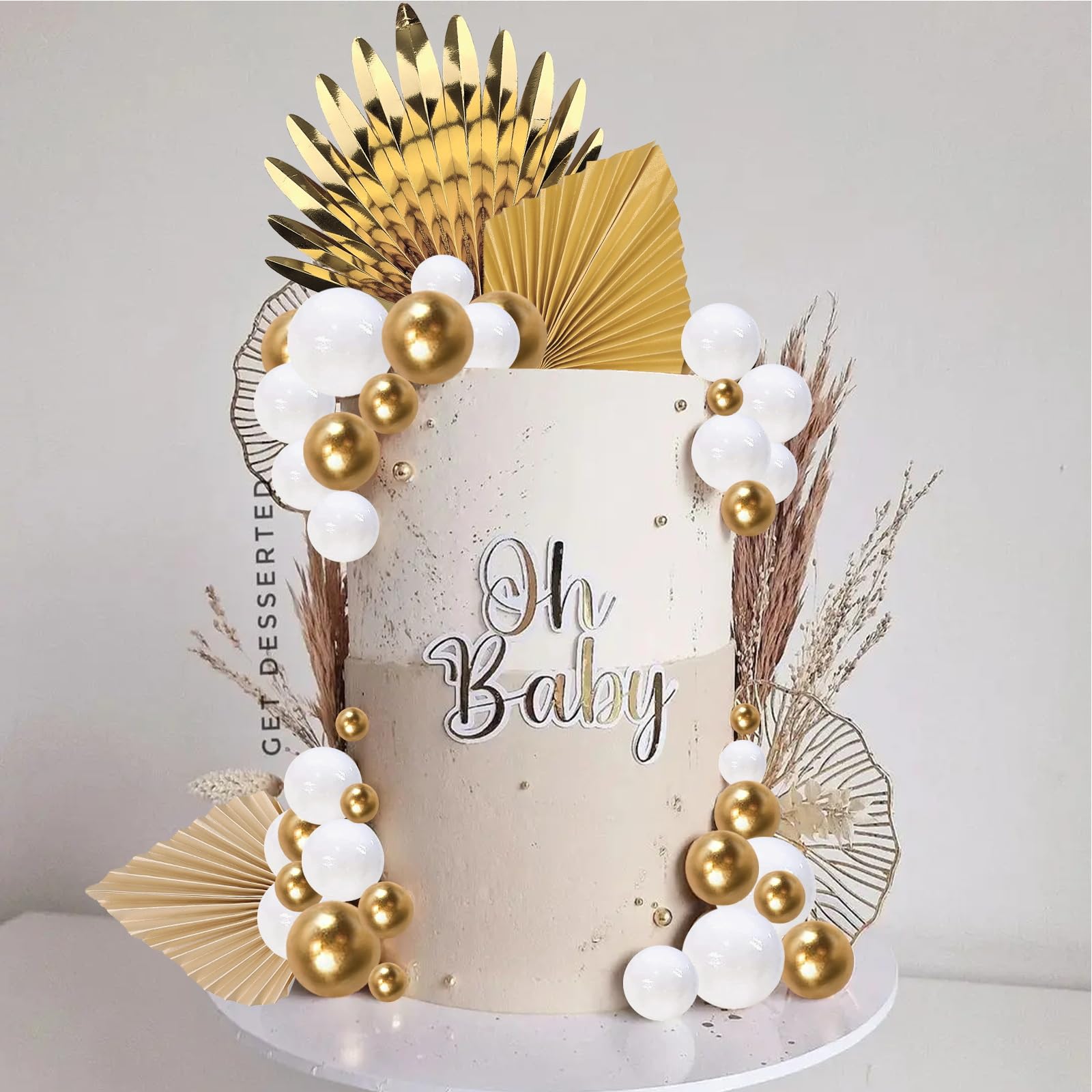 Lukinuo Champagne Rose Gold Boho Cake Topper – White Gold Balls, Palm Leaves, Plastic Holders for Birthday Baby Shower Wedding