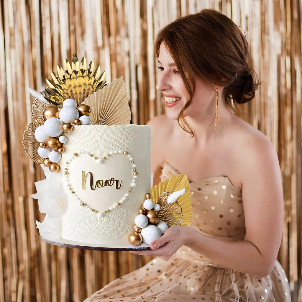 Lukinuo Champagne Rose Gold Boho Cake Topper – White Gold Balls, Palm Leaves, Plastic Holders for Birthday Baby Shower Wedding