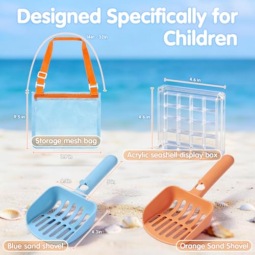 LullaBlock Kids Beach Sand Sifter Kit – 2 Shovels, Net Bag, Shell Display Case