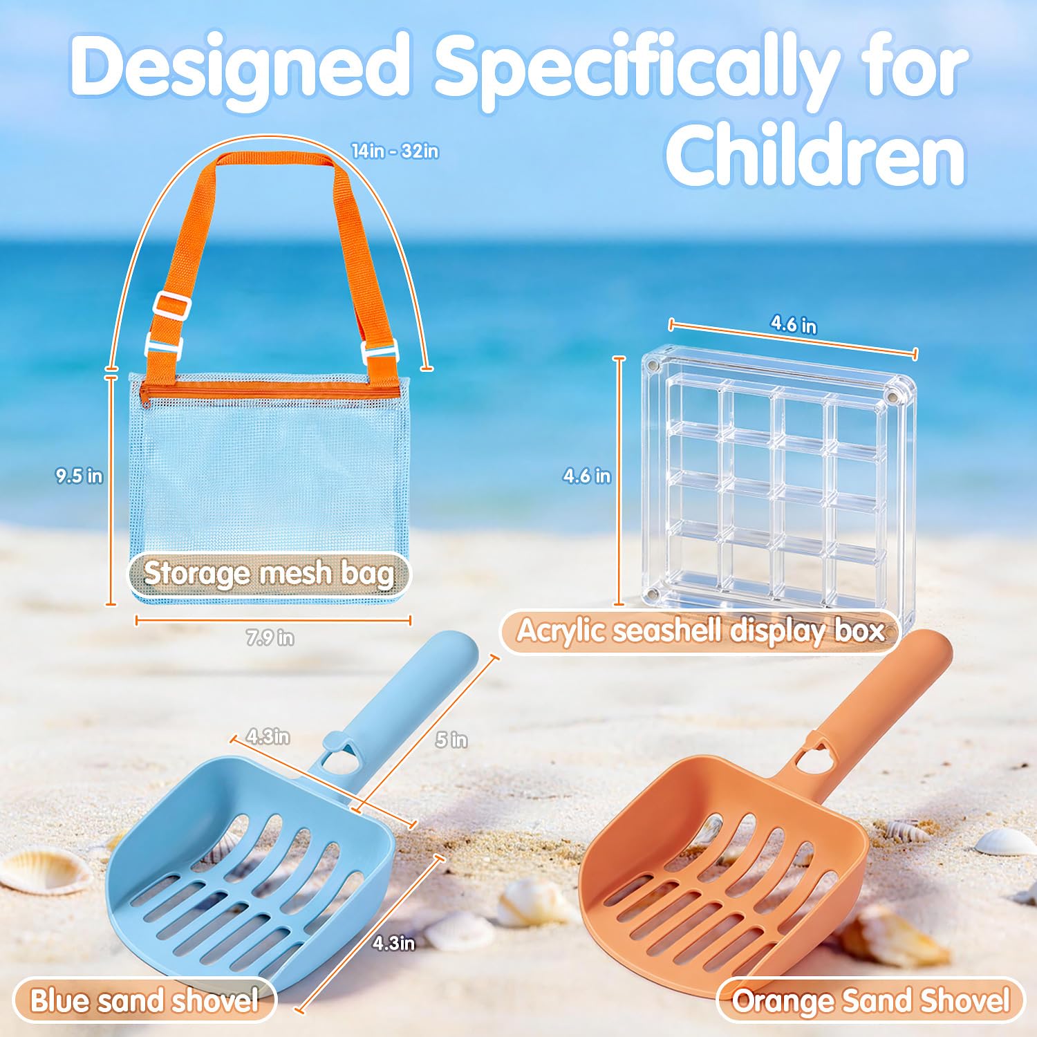 LullaBlock Kids Beach Sand Sifter Kit – 2 Shovels, Net Bag, Shell Display Case