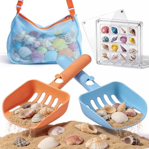 LullaBlock Kids Beach Sand Sifter Kit – 2 Shovels, Net Bag, Shell Display Case