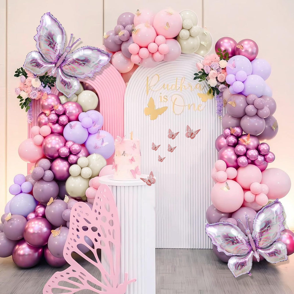 LULUMIKA 142pcs Butterfly Balloon Arch Kit - Pastel Pink & Purple with Foil Balloons and Stickers