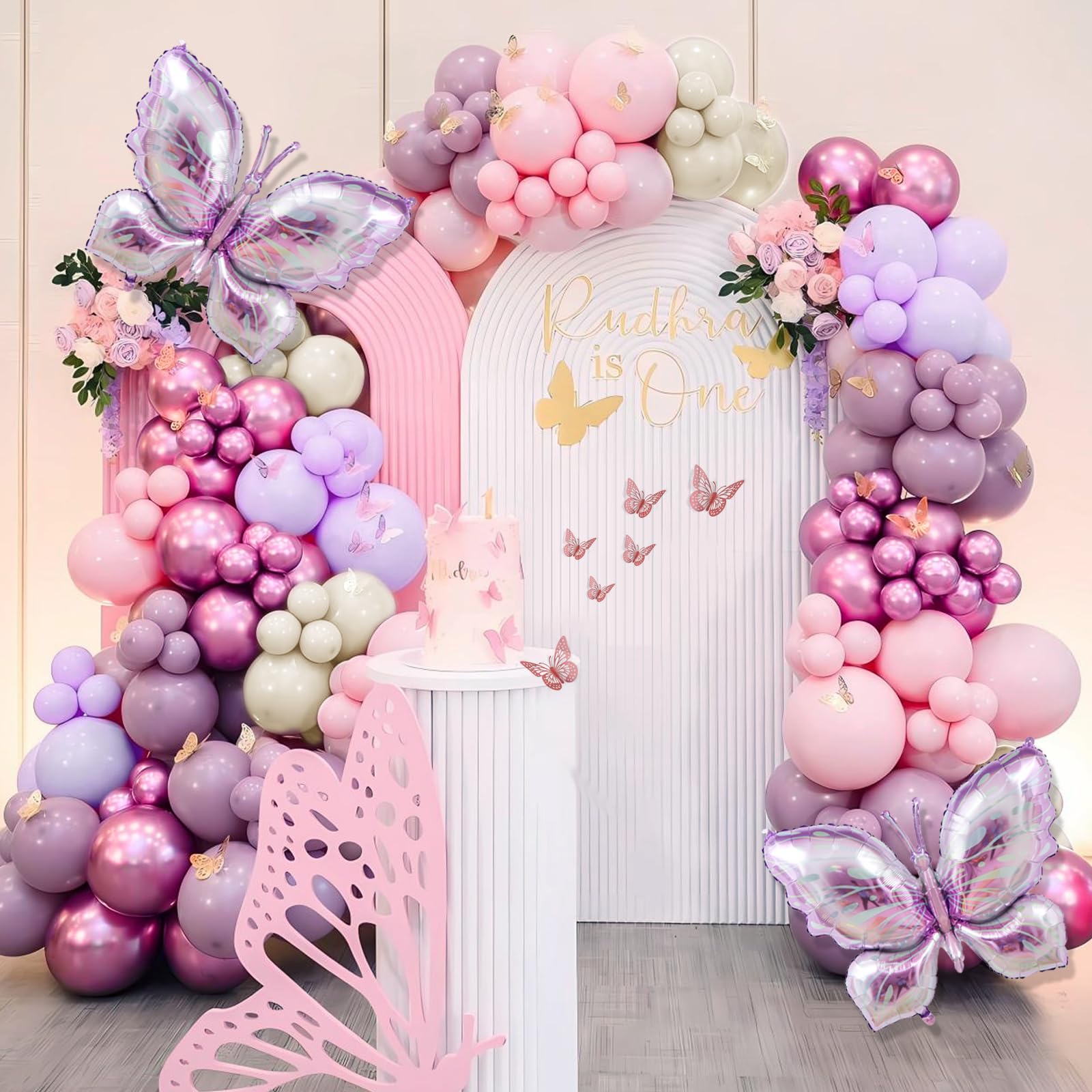 LULUMIKA 142pcs Butterfly Balloon Arch Kit - Pastel Pink & Purple with Foil Balloons and Stickers