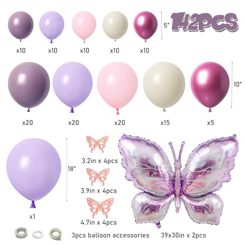 LULUMIKA 142pcs Butterfly Balloon Arch Kit - Pastel Pink & Purple with Foil Balloons and Stickers
