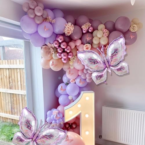 LULUMIKA 142pcs Butterfly Balloon Arch Kit - Pastel Pink & Purple with Foil Balloons and Stickers